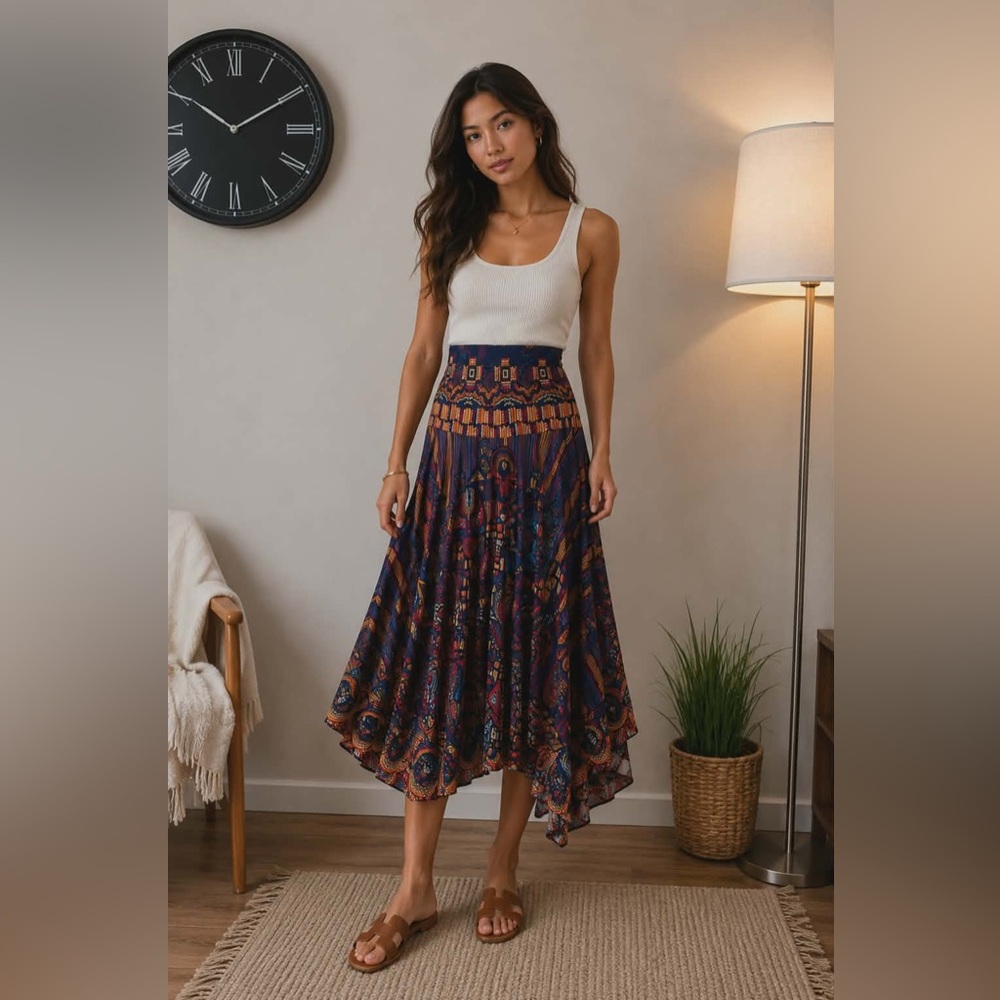 Rare designer IVKO Navy and Multicolor Asymmetrical Printed Skirt